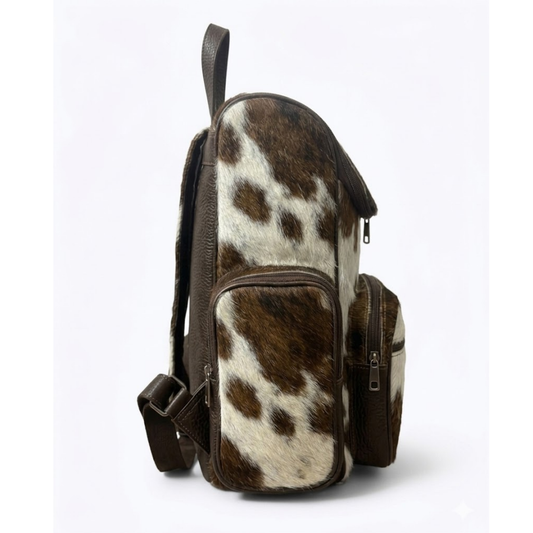 Backpack Bag- Natural Cowhide Hair on Real Leather Brown - Travel Hiking Backpack
