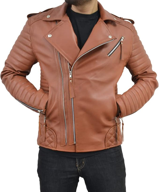 Men's Brando Tan Motorcycle Genuine Leather Biker Jacket