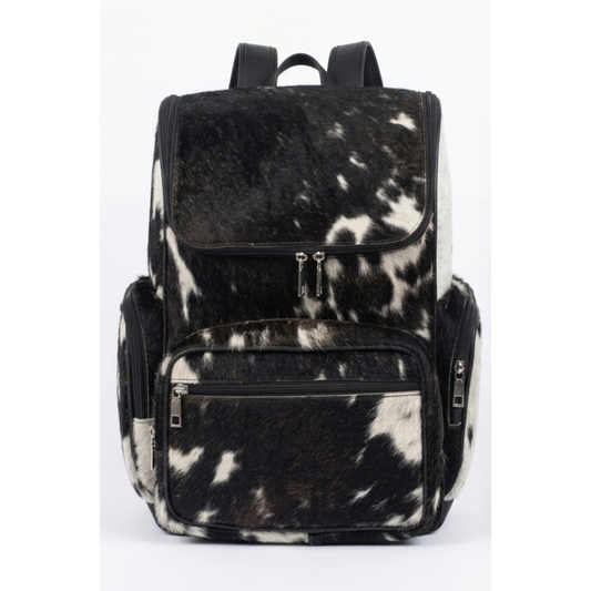Real Cowhide Leather Backpack - Brown and White Hair on Backpack - Travel Hiking Backpack