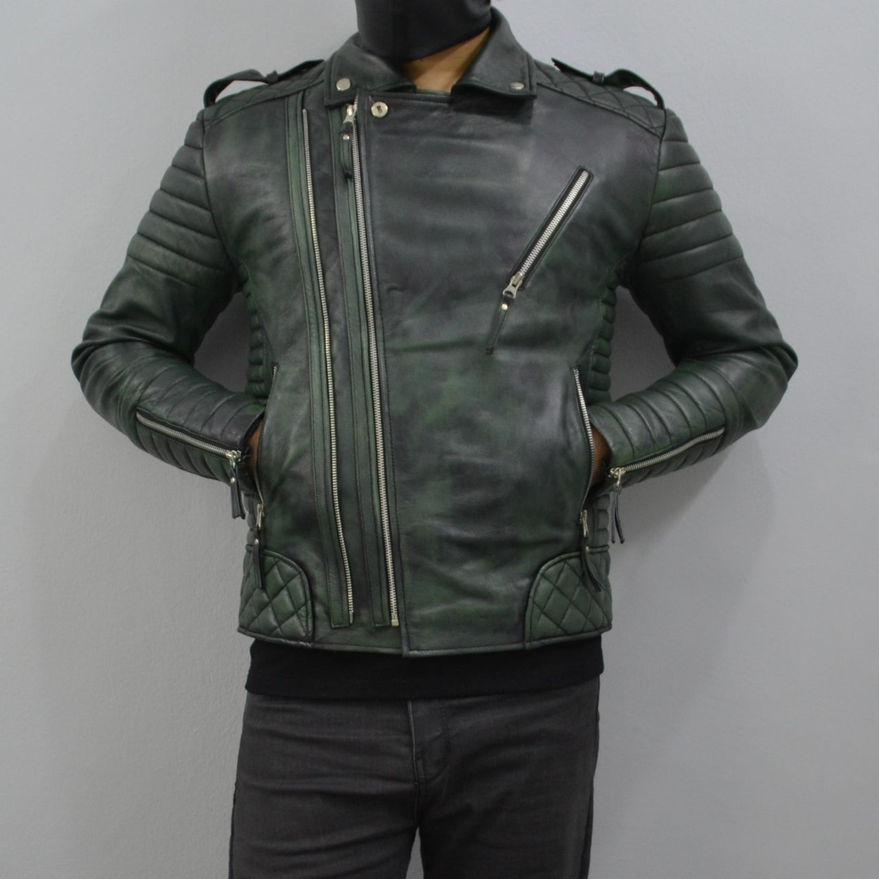 Men's Brando Camo Green Motorcycle Geniune Leather Biker Jacket