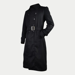Men's Black Long Double-Breasted Belted Genuine Wool Coat