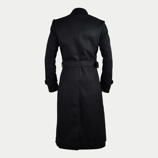 Men's Black Long Double-Breasted Belted Genuine Wool Coat
