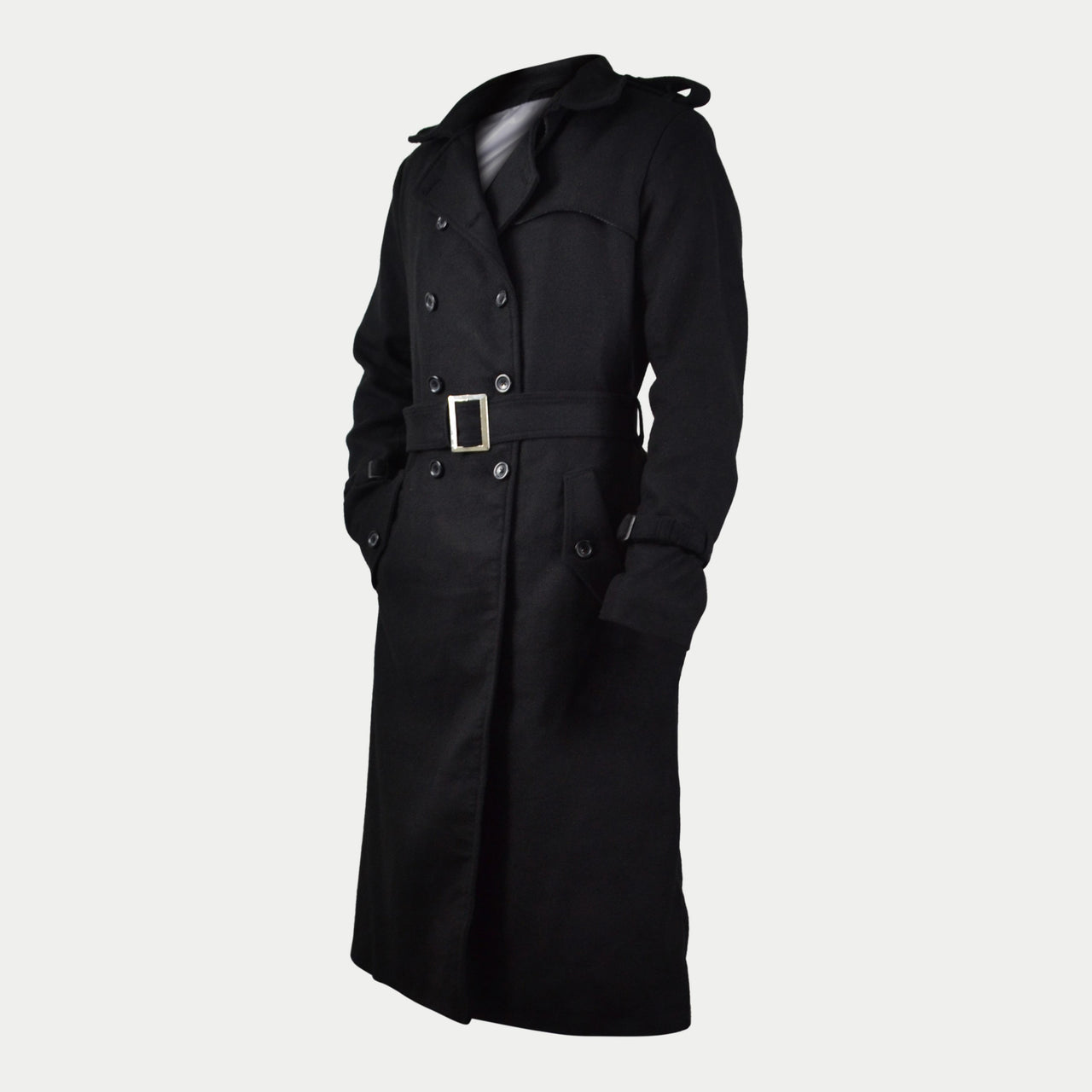 Men's Black Long Double-Breasted Belted Real Wool Coat