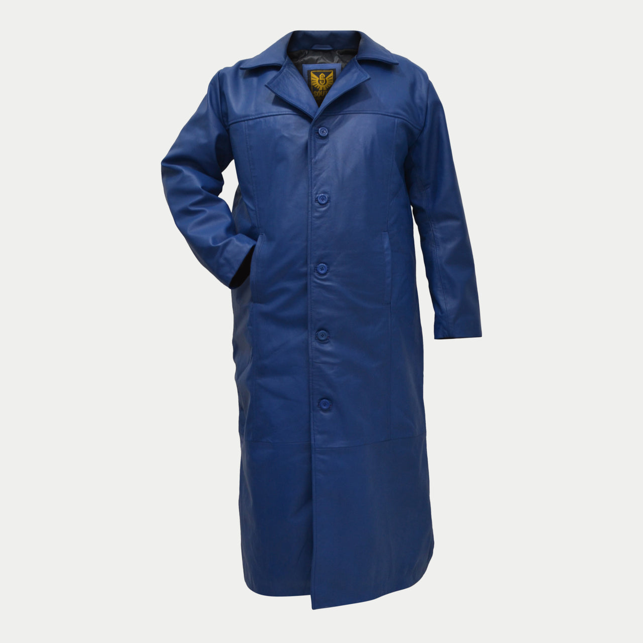 Men's Blue Long Genuine Leather Buttoned Casual Trench Coat