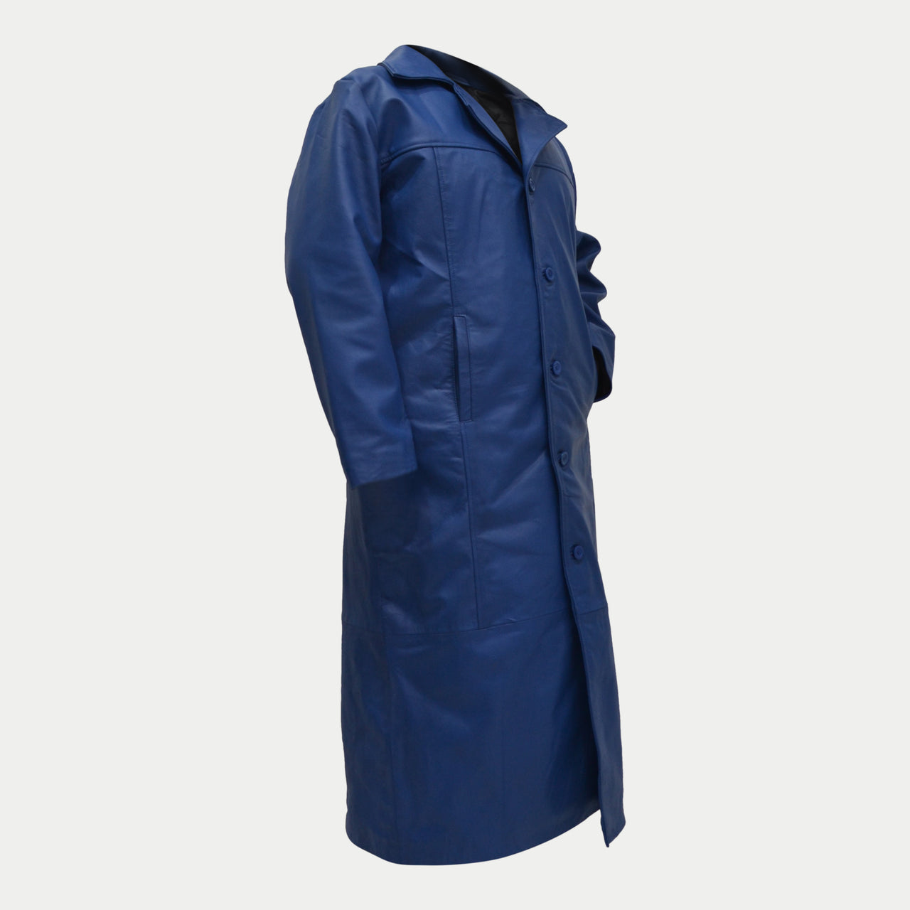 Men's Blue Long Genuine Leather Buttoned Casual Trench Coat