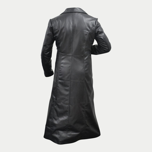 Men's Designer Long Black Genuine Sheepskin Leather Trench Coat