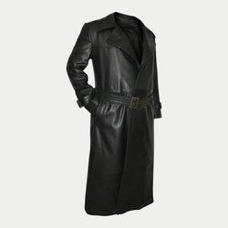 Men's German WWII Wehrmacht SS Officers Long Black Belted Genuine Leather Trench Coat