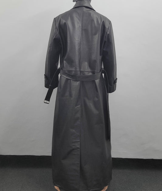 Men's Crocodile Embossed Black Genuine Leather Belted Coat