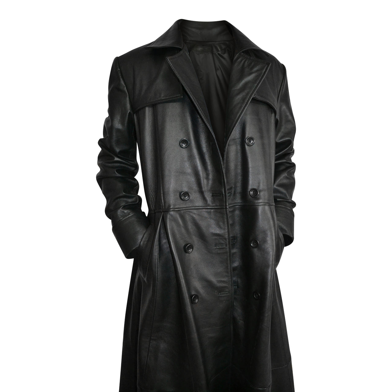 Mens Black Slim Fit Genuine Leather Double Breasted Gothic Trench Long Coat