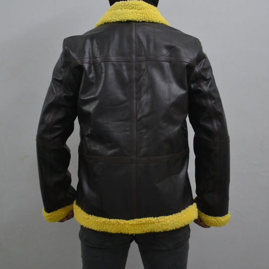 Mens Shearling Fur Bomber RAF Brown Genuine Leather Jacket