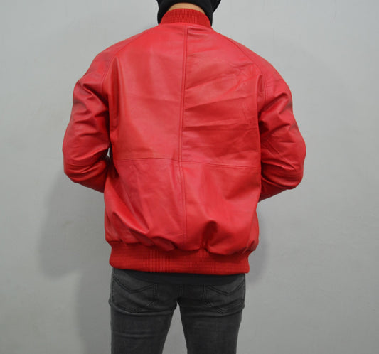 Men's Baseball Letterman Varsity Genuine Leather Red Bomber Jacket