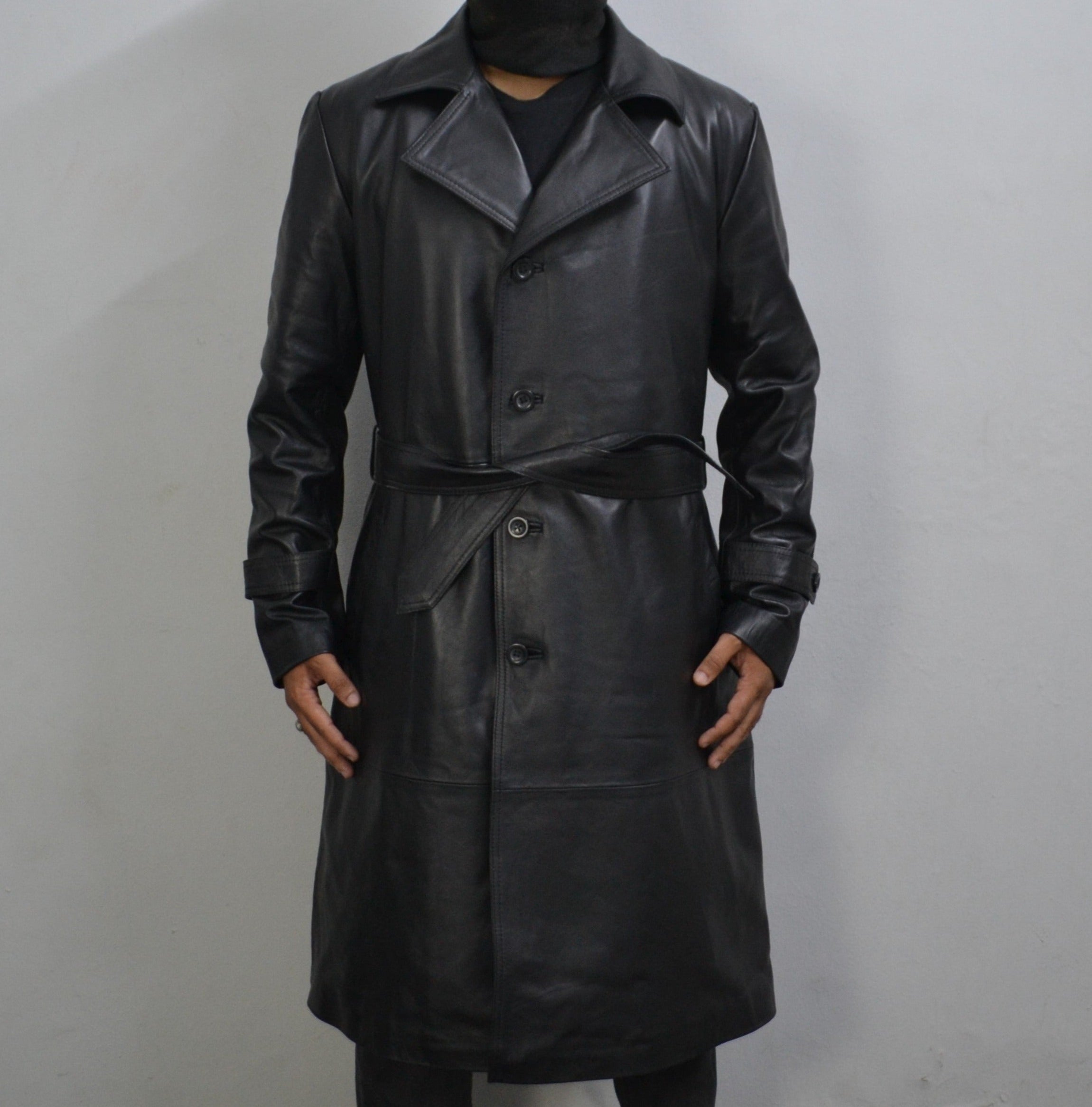 Belted Black Leather Trench Coat Belted Black Leather Trench Coat