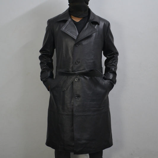 Men's Black Genuine Leather Mid-Length Belted Trench Coat