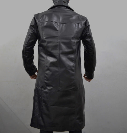 Men's Black Long Genuine Lambskin Leather Buttoned Casual Trench Coat