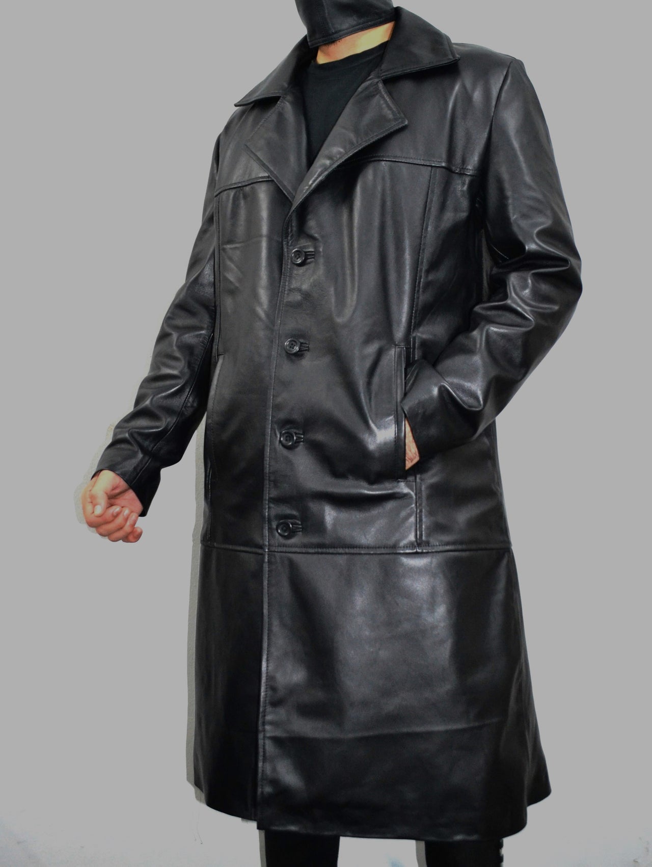 Men's Black Long Genuine Lambskin Leather Buttoned Casual Trench Coat