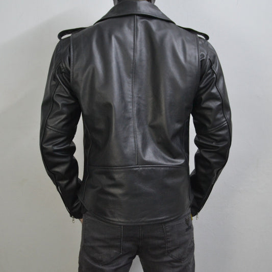 Men's Black Motorcycle Genuine Leather Slim-Fit Half-Belted Biker Jacket