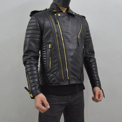 Men's Brando Black Golden Hardware Quilted Padded Genuine Leather Biker Jacket