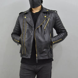 Men's Brando Black Golden Hardware Quilted Padded Genuine Leather Biker Jacket