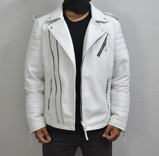 Men's Brando White Motorcycle Genuine Leather Biker Jacket
