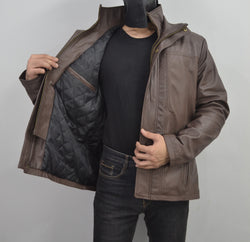 Men's Brown Double Closure Cafe Racer Genuine Leather Jacket