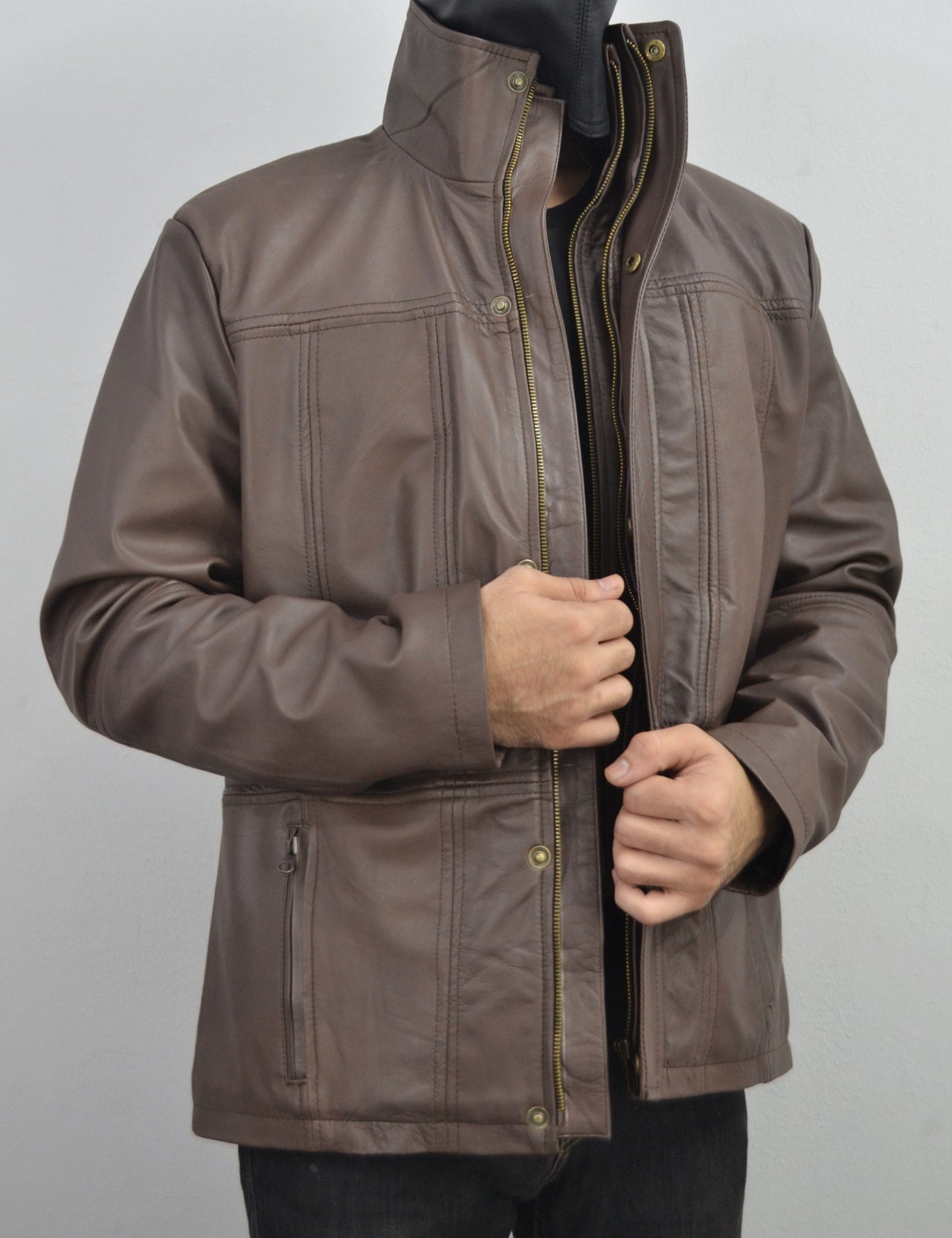 Men's Brown Double Closure Cafe Racer Genuine Leather Jacket