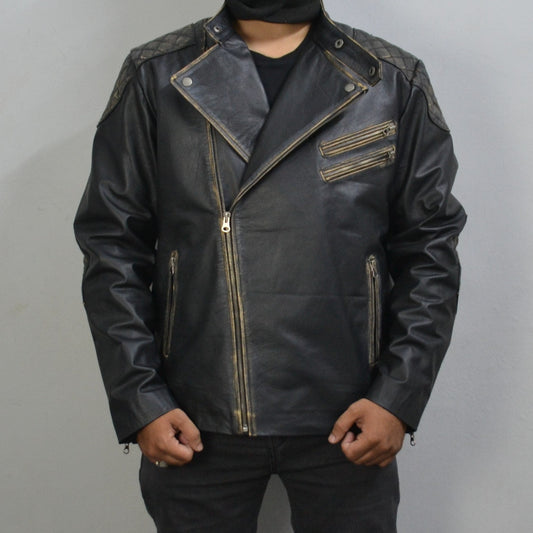 Men's Skull Embossed Black Distress VIntage Motorcycle Genuine Leather Biker Jacket