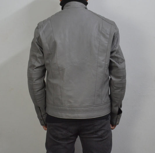 Mens Grey Padded Genuine Lambskin Leather Motorcycle Cafe Racer Leather Jacket