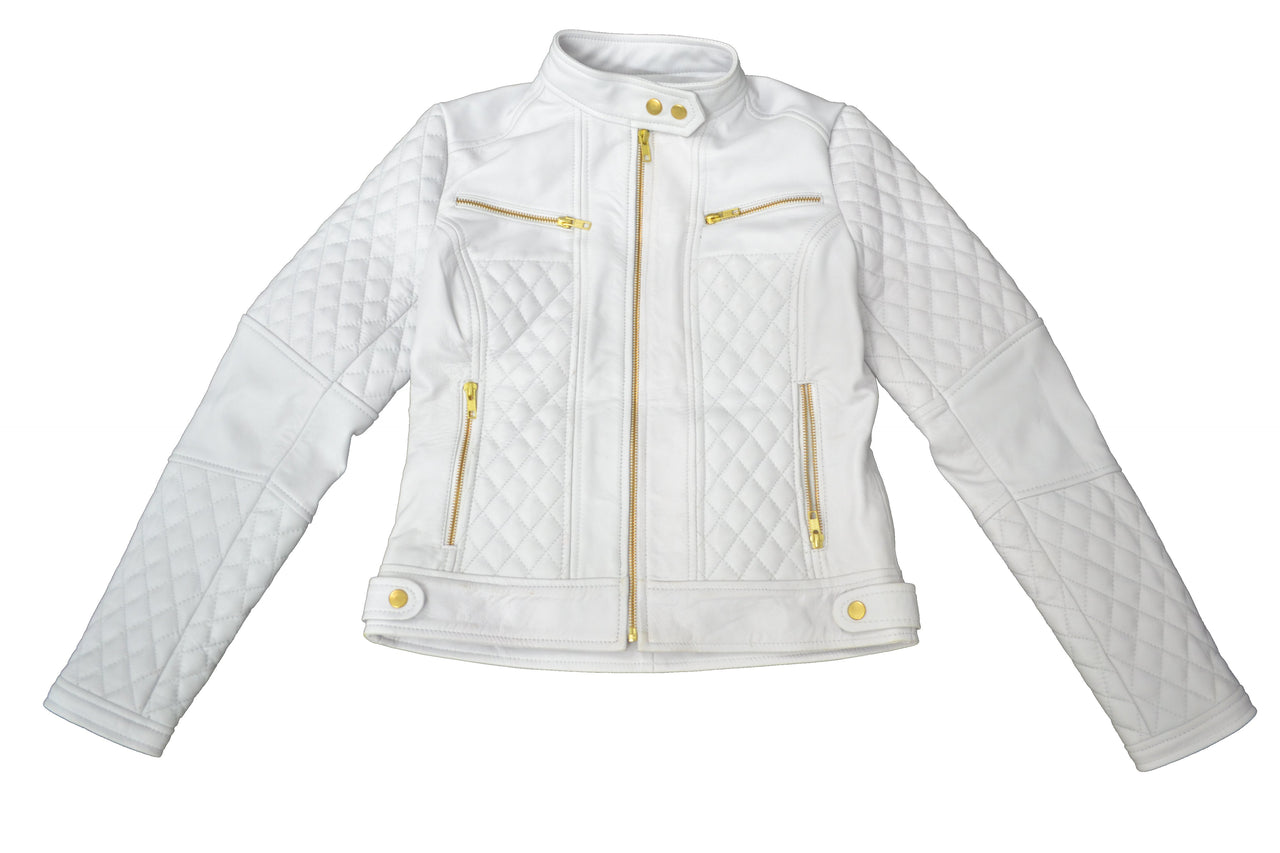 Women's White Quilted Golden Hardware Cafe Racer Genuine Leather Jacket