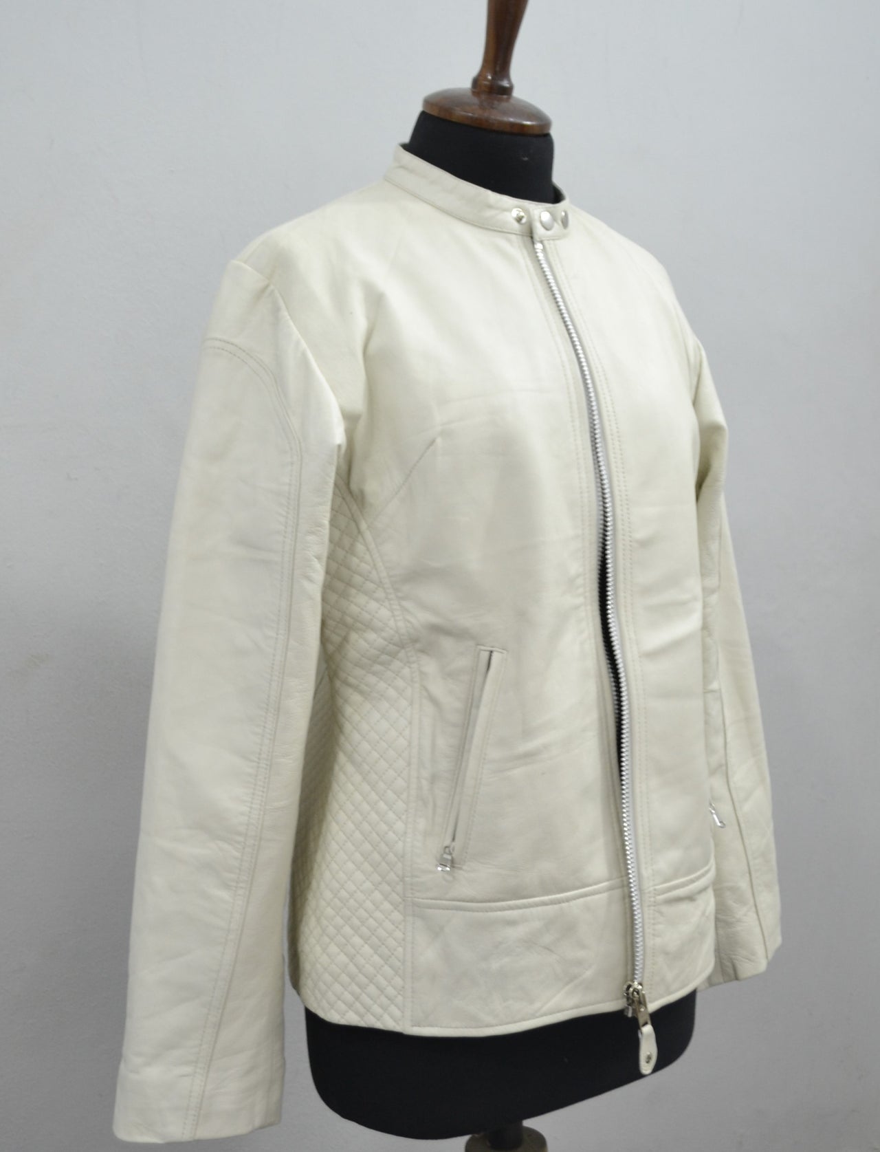 Women's Beige Quilted Cafe Racer Genuine Lambskin Leather Jacket