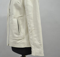 Women's Beige Quilted Cafe Racer Genuine Lambskin Leather Jacket