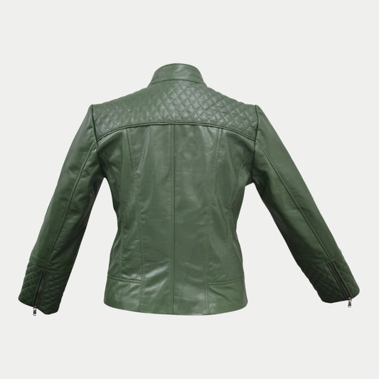 Women's Green Quilted Belted Collar Cafe Racer Leather Jacket
