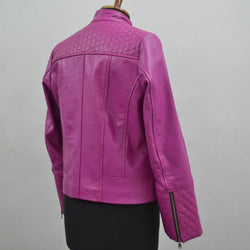 Women's Quilted Cuffs Pink Genuine Leather Cafe Racer Motorcycle Jacket
