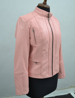 Women's Quilted Cuffs Light Pink Genuine Leather Cafe Racer Motorcycle Jacket