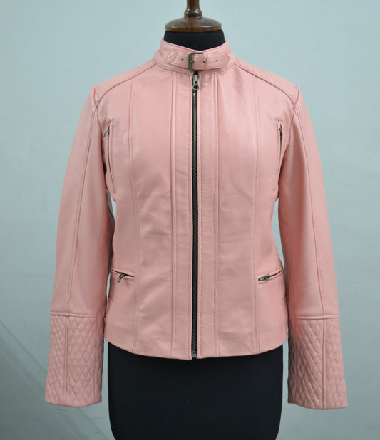 Women's Quilted Cuffs Light Pink Genuine Leather Cafe Racer Motorcycle Jacket