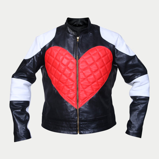 Women's Red Heart Quilted Black And White Racer Leather Jacket