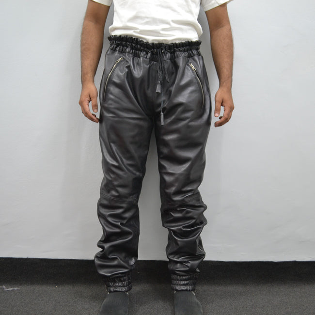 Men's Black Real Soft Genuine Leather Trousers Sweat Track Jogging Pant