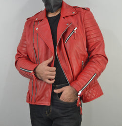 Men's Brando Quilted Padded Red Biker Motorcycle Leather Jacket