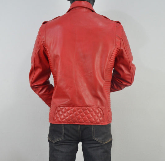 Men's Brando Quilted Padded Red Biker Motorcycle Leather Jacket