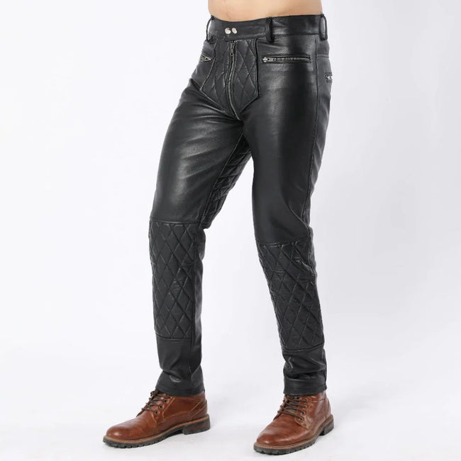 Four Pocket Mens Quilted Design Double Zipper Leather Jeans Pants