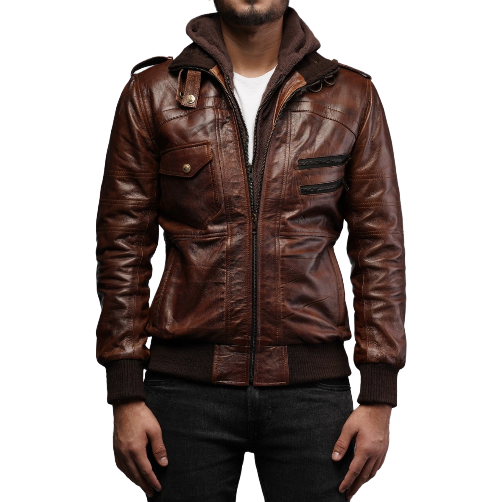Mens Removable Hoodie Waxed Brown Leather Jacket – South Beach Leather