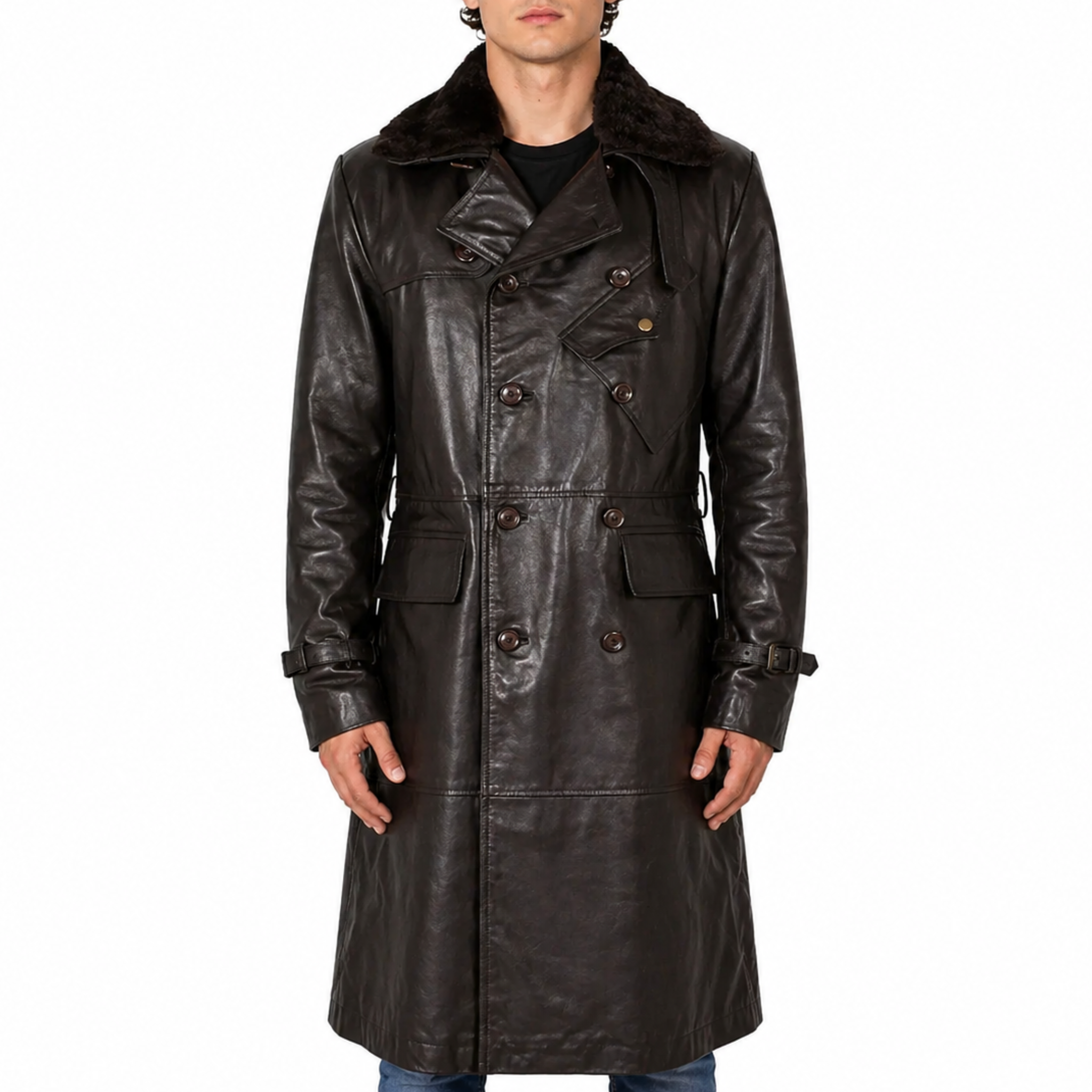 Mens Aviator World War Brown Double Breasted Genuine Leather Trench Coat M Mens Aviator World War Brown Double Breasted Genuine Leather Trench Coat M