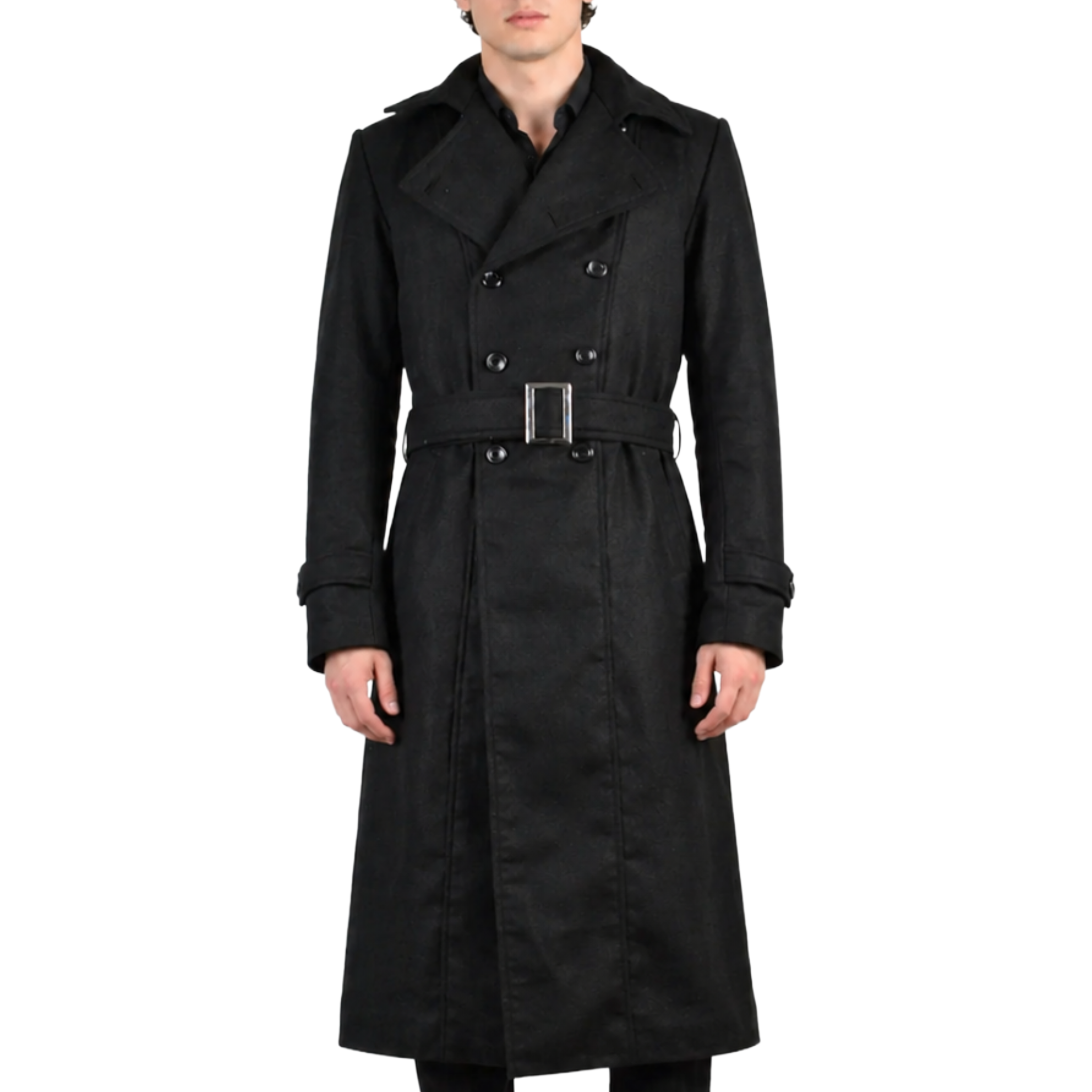 Men's Black Long Double-Breasted Belted Genuine Wool Coat – South