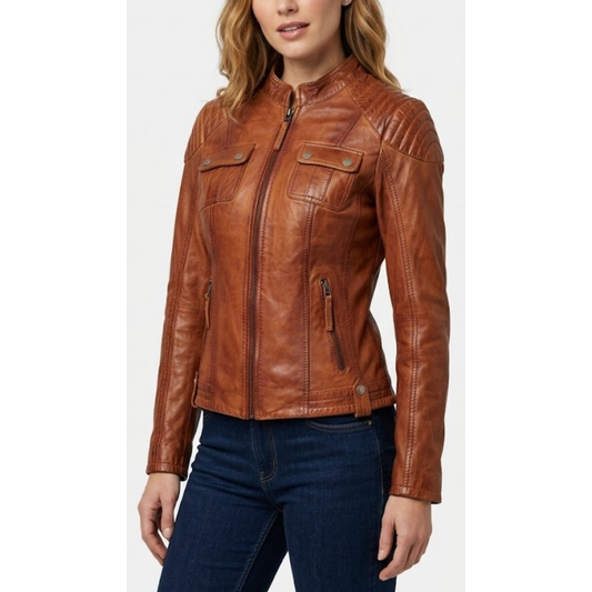 Women's Vintage Brown Waxed Leather Cafe Racer Style Motorcycle Jacket