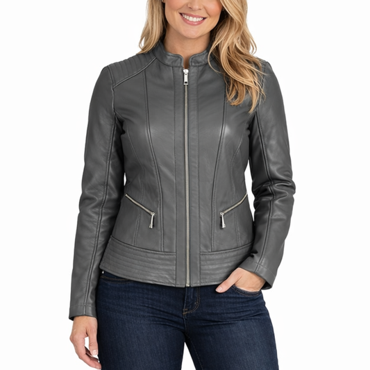 Womens Classic Grey Leather Slim Fit Moto Racer Jacket