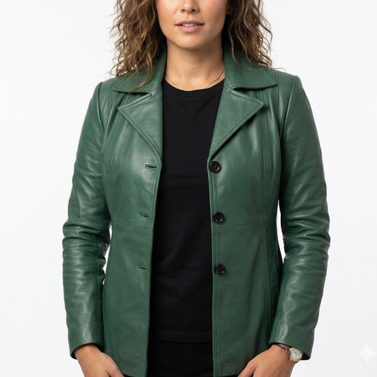 Women's Green Leather Coat - Real Sheepskin Leather Winter Coat