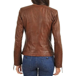 Women's Brown Geniune Lambskin Cafe Racer Slim-Fit Leather Jacket