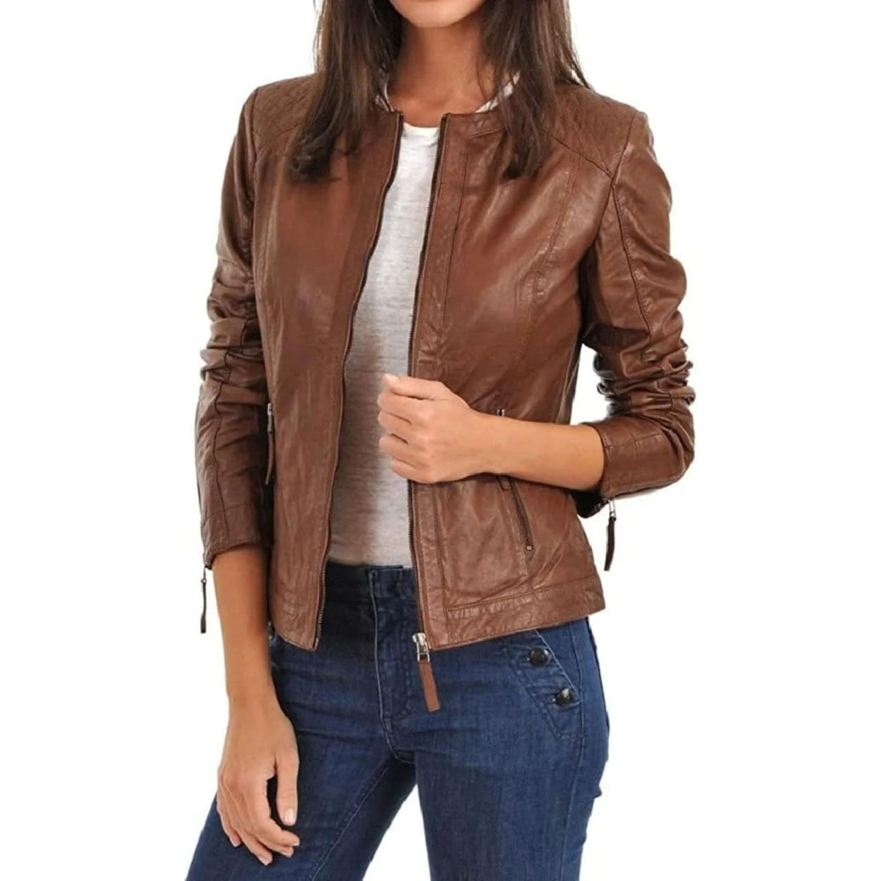 Women's Brown Geniune Lambskin Cafe Racer Slim-Fit Leather Jacket