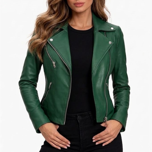 Women's Moto Style Green Leather Biker Jacket