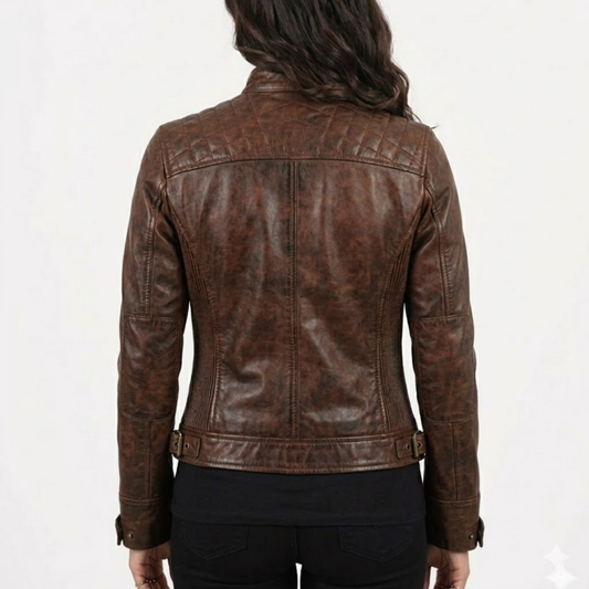 Women Cognac Antique Brown Quilted Cafe Racer Leather Jacket