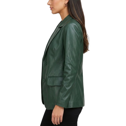Women's Green Lambskin Leather Slim Fit Blazer